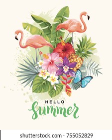 Tropical summer arrangement with  flamingos, palm leaves, butterflies and exotic flowers. Vector illustration.