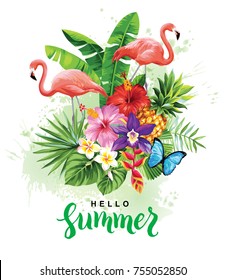 Tropical summer arrangement with  flamingos, palm leaves, butterflies and exotic flowers. Vector illustration.