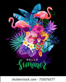 Tropical summer arrangement with  flamingos, palm leaves and exotic flowers. Vector illustration.