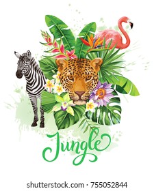 Tropical summer arrangement with leopard, flamingo, zebra, palm leaves  and exotic flowers. Vector illustration.