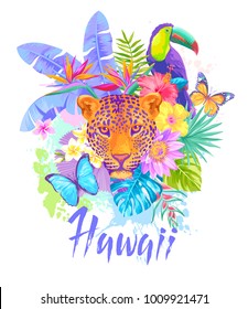 Tropical summer arrangement with leopard, palm leaves and exotic flowers. Vector illustration.