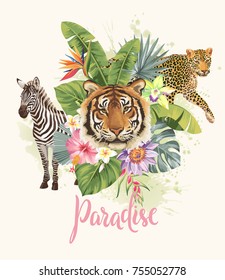 Tropical summer arrangement with leopard, tiger, zebras, palm leaves and exotic flowers. Vector illustration.