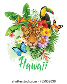 Tropical summer arrangement with leopard, toucan, palm leaves, butterflies and exotic flowers. Vector illustration.