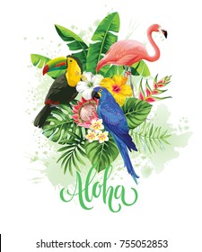 Tropical summer arrangement with parrot, flamingo, toucan, palm leaves and exotic flowers. Vector illustration.