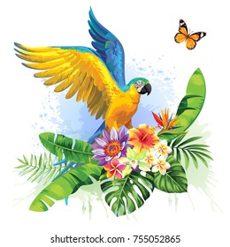 Tropical summer arrangement with  parrot, palm leaves and exotic flowers. Vector illustration.