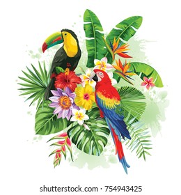 Tropical summer arrangement with parrot, toucan, palm leaves and exotic flowers. Vector illustration.