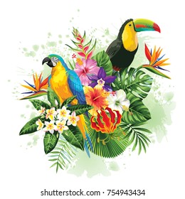 Arreglo tropical de verano con loro, tocan, hojas de palma y flores exóticas. Ilustración vectorial.