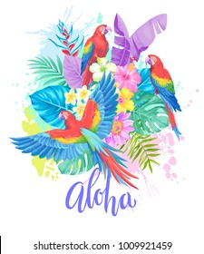 Tropical summer arrangement with parrots, palm leaves and exotic flowers. Vector illustration.