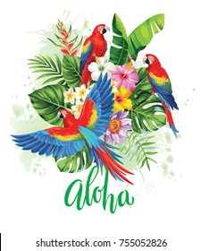 Tropical summer arrangement with  parrots, palm leaves and exotic flowers. Vector illustration.