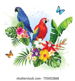 Tropical summer arrangement with  parrots, palm leaves and exotic flowers. Vector illustration.