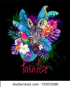 Tropical summer arrangement with  parrots, zebra, palm leaves and exotic flowers. Vector illustration.