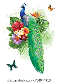 Tropical summer arrangement with peacock, palm leaves, exotic flowers and butterflies. Vector illustration.