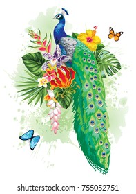 Tropical summer arrangement with peacock, palm leaves, butterflies and exotic flowers. Vector illustration.