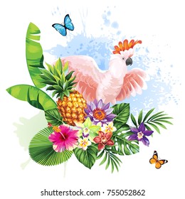 Tropical summer arrangement with pink cockatoo, palm leaves, butterflies and exotic flowers. Vector illustration.