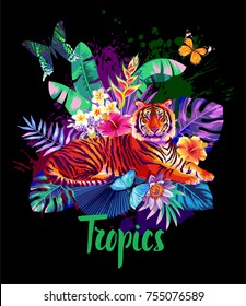 Arreglo tropical de verano con tigre, hojas de palma y flores exóticas. Ilustración vectorial.