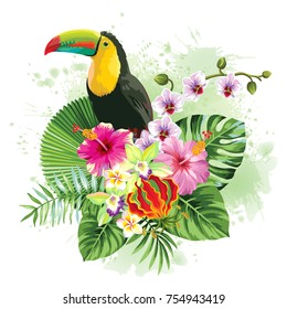 Tropical summer arrangement with toucan, palm leaves and exotic flowers. Vector illustration.