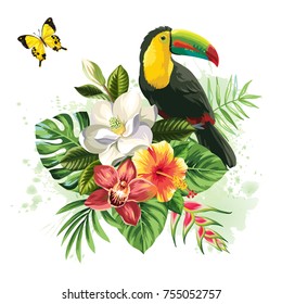 Tropical summer arrangement with  toucan, palm leaves and exotic flowers. Vector illustration.