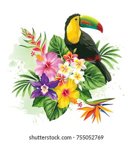 Tropical summer arrangement with  toucan, palm leaves and exotic flowers. Vector illustration.