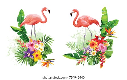 Tropical summer arrangements with flamingos, palm leaves, exotic flowers and butterflies. Vector illustration.