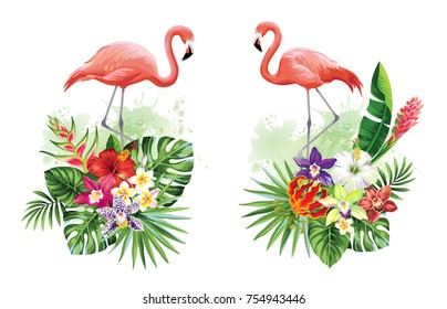 Tropical summer arrangements with flamingos, palm leaves and exotic flowers. Vector illustration.