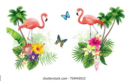 Tropical summer arrangements with flamingos, palm, leaves, exotic flowers and butterflies. Vector illustration.