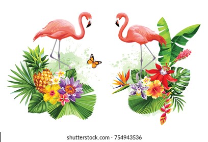 Tropical summer arrangements with flamingos, palm leaves, exotic flowers and butterflies. Vector illustration.