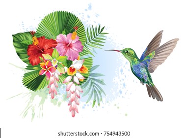 Tropical summer arrangements with  humming-bird, palm leaves, exotic flowers and butterflies. Vector illustration.