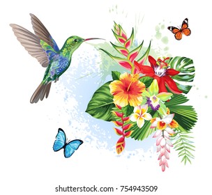 Tropical summer arrangements with  humming-bird, palm leaves, exotic flowers and butterflies. Vector illustration.