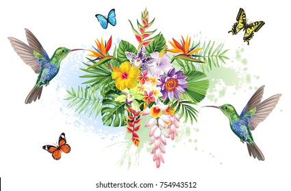 Tropical summer arrangements with  humming-birds, palm leaves, exotic flowers and butterflies. Vector illustration.