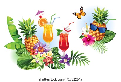 Tropical summer arrangements with palm leaves, fruits, cocktails, exotic flowers and butterflies. Vector illustration.