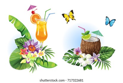 Tropical summer arrangements with palm leaves, cocktails, exotic flowers and butterflies. Vector illustration.