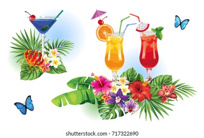 Tropical summer arrangements with palm leaves, cocktails, exotic flowers and butterflies. Vector illustration.