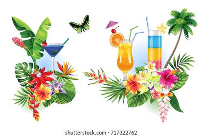 Tropical summer arrangements with palm leaves, cocktails, exotic flowers and butterflies. Vector illustration.