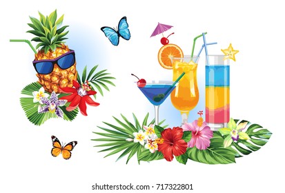 Tropical summer arrangements with palm leaves, fruits, cocktails, exotic flowers and butterflies. Vector illustration.