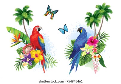 Tropical summer arrangements with parrots, palm, leaves, exotic flowers and butterflies. Vector illustration.