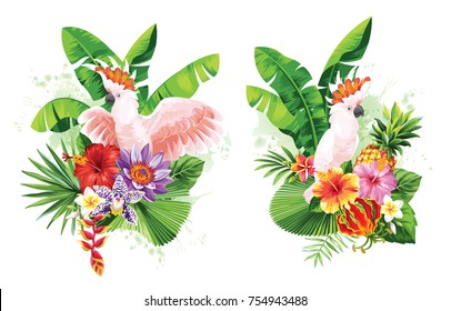 Tropical summer arrangements with parrots, palm leaves, exotic flowers and butterflies. Vector illustration.