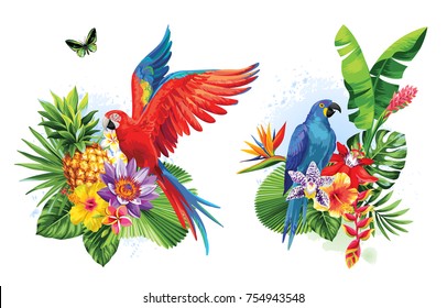 Arreglos tropicales de verano con loros, hojas de palma, flores exóticas y mariposas. Ilustración vectorial.