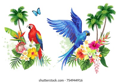 Tropical summer arrangements with parrots, palm leaves, exotic flowers and butterflies. Vector illustration.