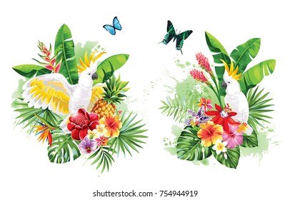 Tropical summer arrangements with parrots, palm leaves and exotic flowers. Vector illustration.