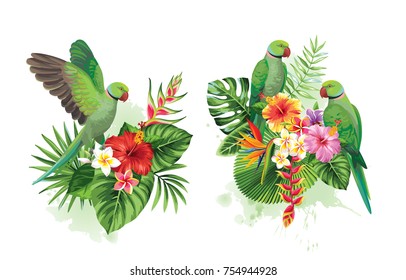 Tropical summer arrangements with parrots, palm leaves and exotic flowers. Vector illustration.