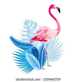 Tropical summer arrangements with pink  flamingo, tropical flowers, palm leaves, jungle plants, hibiscus, bird of paradise flower. Beautiful floral exotic vector illustration isolated 