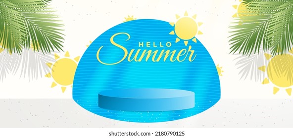 Tropical Summer Background with 3d rendered blue gradient on beach colored stage with palm leaves and sun icons and tropical elements. Vector Illustration. EPS 10. 