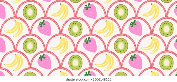 Tropical summer background with banana, kiwi and strawberry. Seamless summer bright print. Vector.