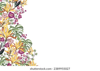 Marco de borde de banner de fondo tropical de verano. Pajarito de la selva tropical. Ilustraciones vectoriales 