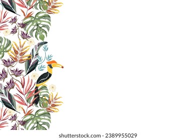 Marco de borde de banner de fondo tropical de verano. Pajarito de la selva tropical. Ilustraciones vectoriales 