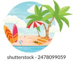 Tropical summer background with beach, surfboard and umbrella