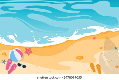 Tropical summer background with beach, surfboard and umbrella