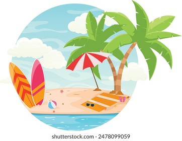 Fondo de verano tropical con playa, tabla de surf y sombrilla