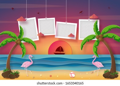 Tropical summer background, Blank photo frame hanging with sunset colorful sky and flamingo on the beach, Paper cut style