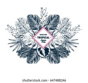 tropischer Sommerhintergrund. Botanische, handgezeichnete Illustration. Template Design für Segel, Hochzeit speichern Datum, Weihnachten, Umschlag, Valentine, für Feiern, Feiertagsdekor. Sammlung von Skizzenobjekten.